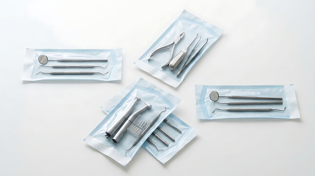 Assortment of professional dental surgical tools sealed in protective sterile pouches to ensure maximum hygiene for patient treatment in a modern dentistry clinic or hospital environment on white