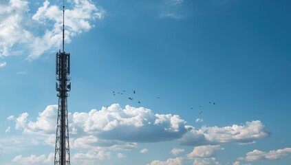 Obraz premium Communication tower with birds against a cloudy sky backdrop, telecom theme.
