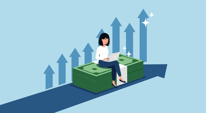 Financial growth vector illustration of a woman with a laptop on a pile of money with upward trending arrows and sparkles, representing financial success