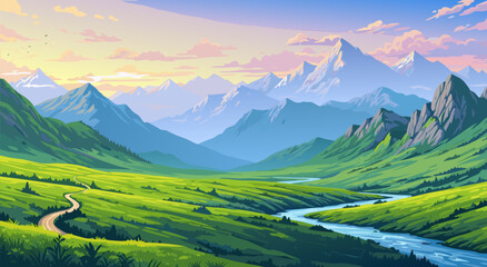 Serene mountain valley landscape vector illustration at sunrise with a winding river and green meadows, beautiful natural scenery, and a pathway © Purnomo