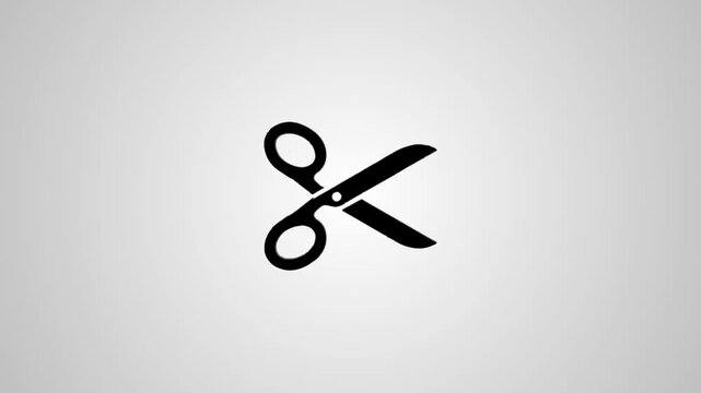 Minimalist black scissors icon animation on light gray background with smooth dynamic motion and rotating effect