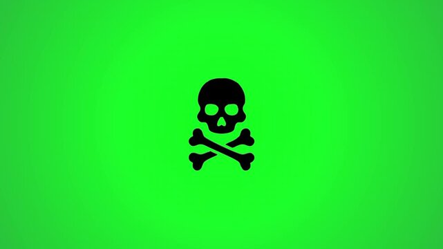 Danger warning sign animation with skull and crossbones icon appearing and disappearing on green screen background loop
