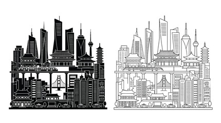 Obraz premium City skyline illustration with traditional and modern architecture black and white