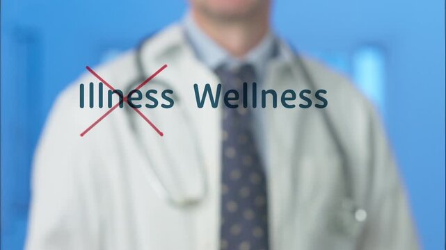 Medical professional with a stethoscope drawing a red line through the word illness, leaving wellness untouched, promoting a healthy lifestyle and preventive healthcare over treating sickness