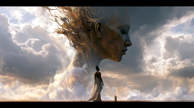 Surreal fantasy artwork featuring a colossal female figure emerging from clouds, with a lone woman below, cinematic lighting, ethereal atmosphere, and dreamlike sci-fi concept art.