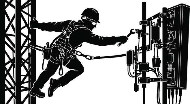 Silhouette of a telecommunications technician adjusting cellular antenna equipment on a structural mast