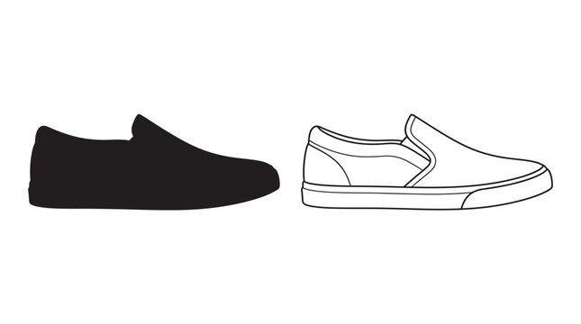 Slip on shoe silhouette and line drawing black and white