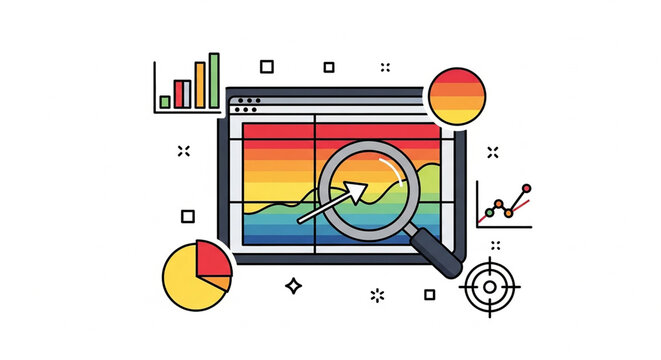 Digital data analysis dashboard with magnifying glass and colorful charts