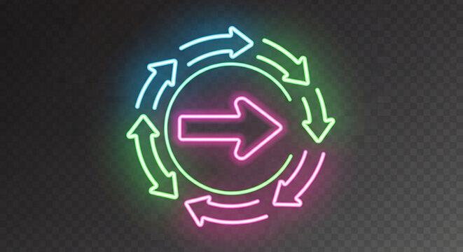 Glowing neon arrow sign with circular rotating loading process symbol