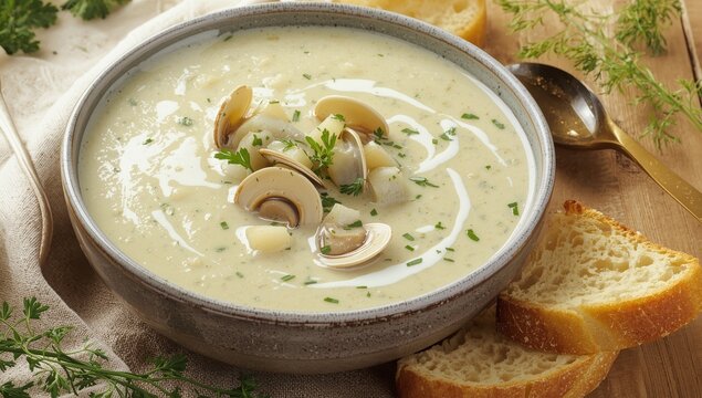 Creamy clam chowder with bread and parsley made at home.