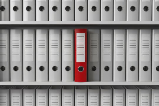 A red binder stands out among gray binders on shelves in office storage.