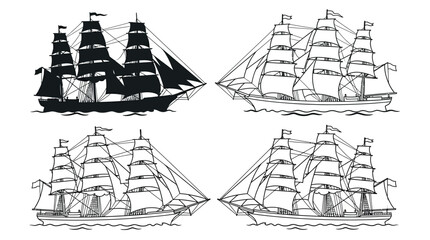 Sailing ship illustrations black and white line art set © Design Bari