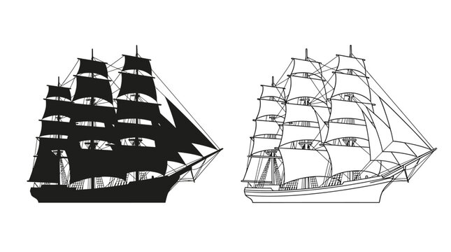 Sailing ship silhouettes black and white nautical vessel illustration