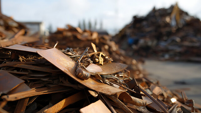 Industrial waste metal pile at recycle yard, close-up view of abundant discarded iron and copper debris, environment pollution concept stock photo