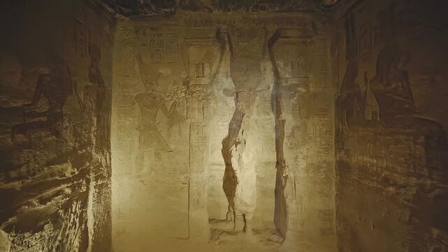 4k footage of Interior view of the famous abu simble temple that is decorated with gods figures and hieroglyphs in aswan in Egypt. 