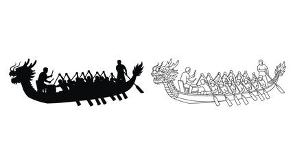 Dragon boat silhouette and line drawing on white background © Design Bari