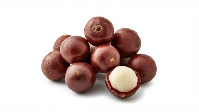 Crisp white-fleshed brown corms of fresh water chestnuts on a plain white backdrop.