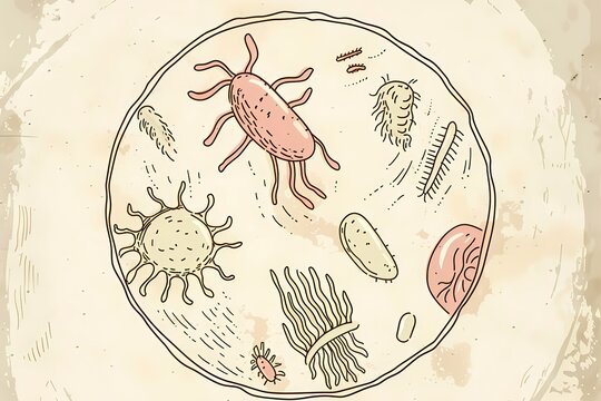 Colorful microorganisms and bacteria floating in a petri dish. Scientific illustration of various virus and cells under microscope. Microbiology, medicine, and biology research concept.