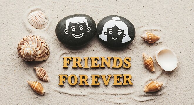 International friendship day concept rocks forming faces with seashells and 'friends forever' text