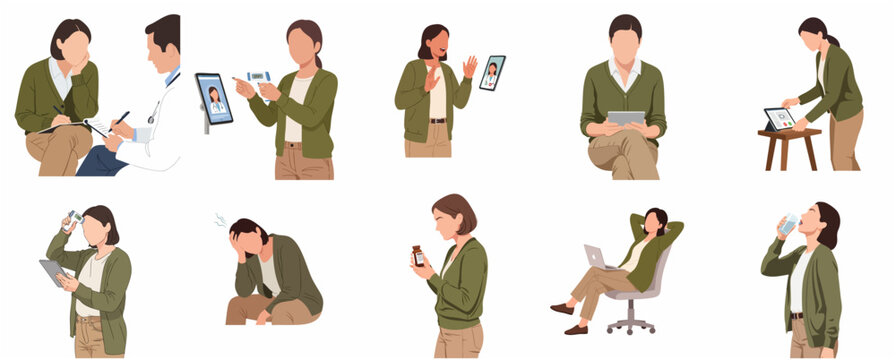 Telemedicine and Healthcare Vector Illustration Set: Woman Consulting Doctor, Online Medical Consultations, Temperature Check, and Home Care