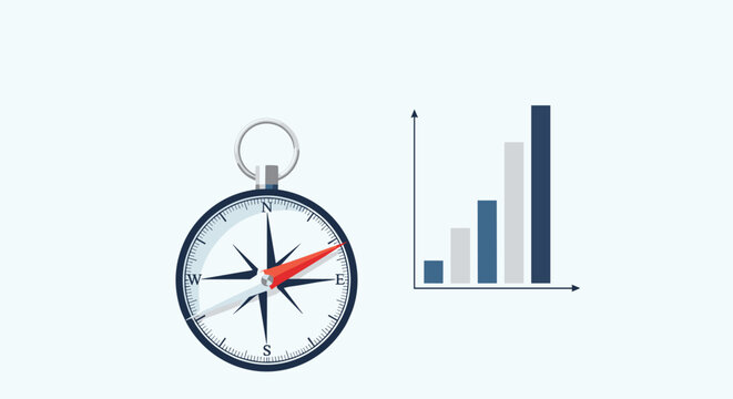 Compass and rising bar chart illustration representing business direction growth strategy and financial success concept, Generative AI.