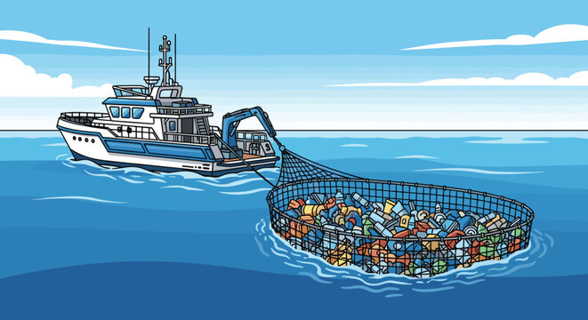 Illustration of a specialized ocean cleanup vessel dragging a large net filled with plastic waste and debris from the sea surface to combat marine pollution and environmental conservation