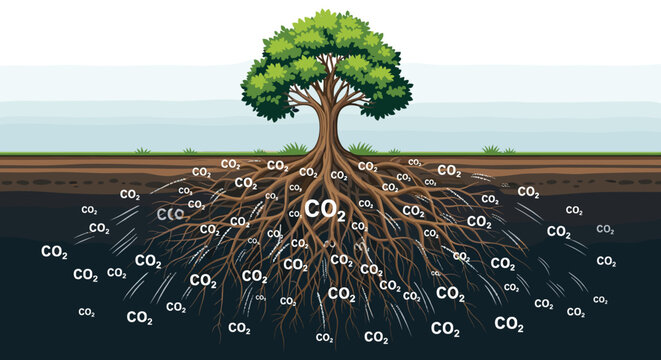 Illustration of a tree with roots underground absorbing or releasing carbon dioxide co2 molecules in the soil, Generative AI.