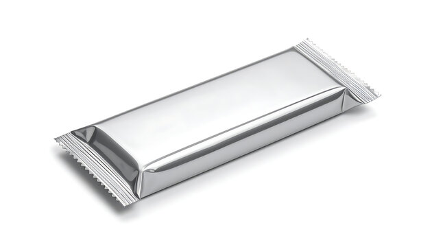 Isolated silver foil wrapper for a candy bar or snack, blank packaging for food products on a white background