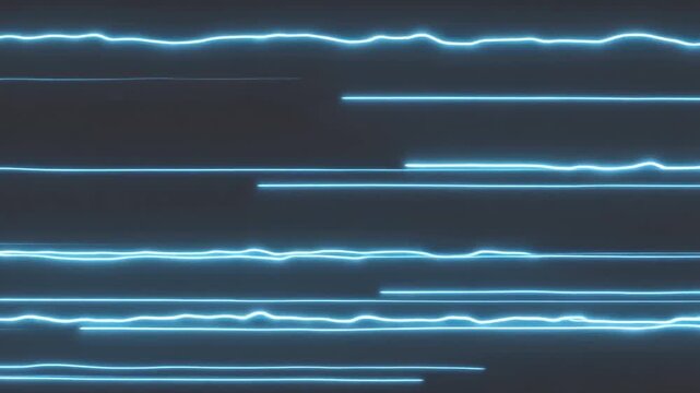 Luminous blue neon lines moving horizontally and undulating across a dark background