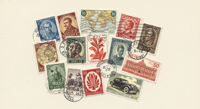Vintage postage stamp collection display circa 1920s 1950s international philately ephemera for scrapbooking