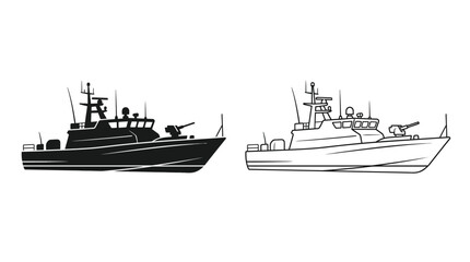Military ship silhouette set black and white line art © Design Bari