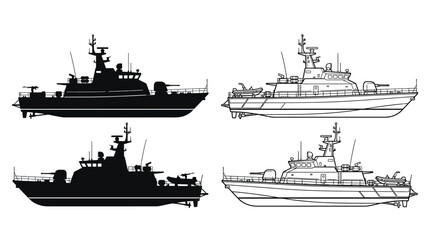 Military ship silhouette set on white background © Design Bari