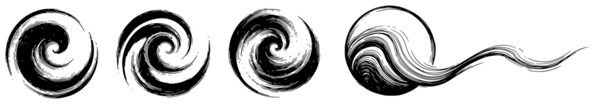 Swirling ink brush strokes with fluid vortex motion in grunge style