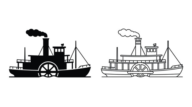 Paddle steamer line art illustration black and white river boat drawings