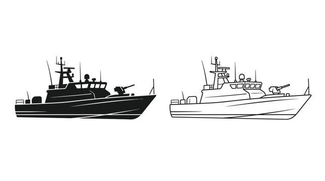 Military ship silhouette set black and white line art