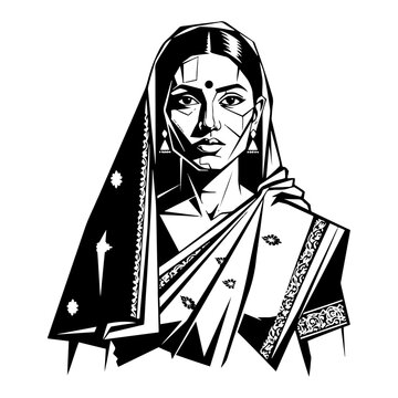 Indian woman wearing traditional saree and bindi in bold black and white graphic vector style