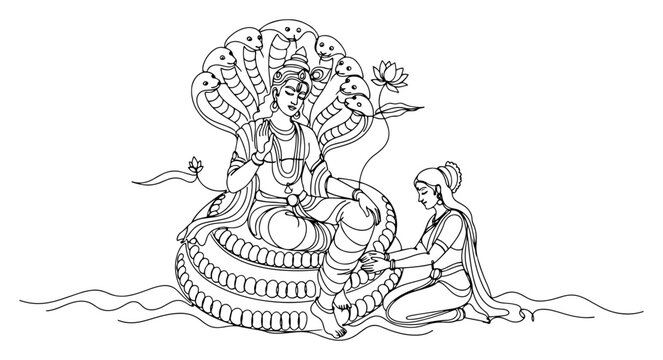 Lord Vishnu reclining on Sheshanaga serpent with Lakshmi in continuous line art style