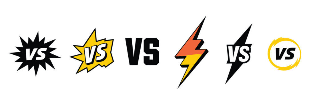 set of 6 versus battle match logos with vs text on white background starburst lightning and circular icons for gaming or sports interface vector illustration collection, competitive game design elemen