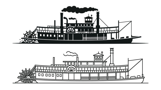 Paddle steamer silhouette with smokestack and paddle wheel black and white