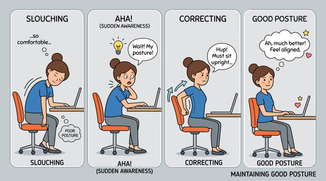 Infographic comic illustration sequence showing a woman suddenly becoming aware of slouching and immediately adjusting her posture to sit upright