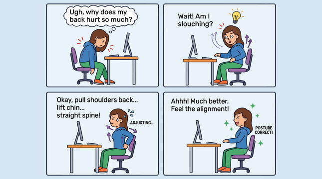 Comic strip infographic showing a woman experiencing back pain, suddenly realizing her slouching habit, and actively adjusting her posture at her computer desk