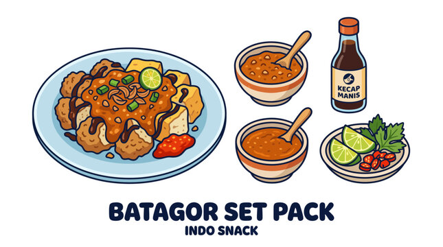 Batagor Indonesian fried fish dumpling and tofu set with peanut sauce and condiments vector illustration