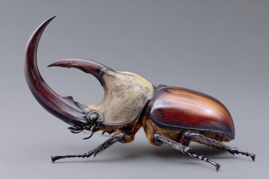 A rhinoceros beetle with a prominent horn and a shiny exoskeleton poses powerfully, showcasing its striking appearance.