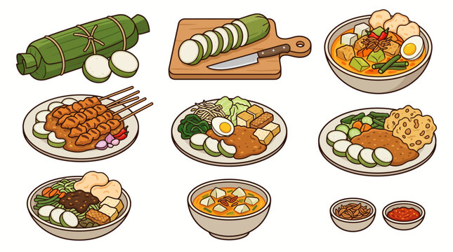 Indonesian food collection vector illustration set with lontong, sate, gado-gado, and traditional dishes isolated on white background