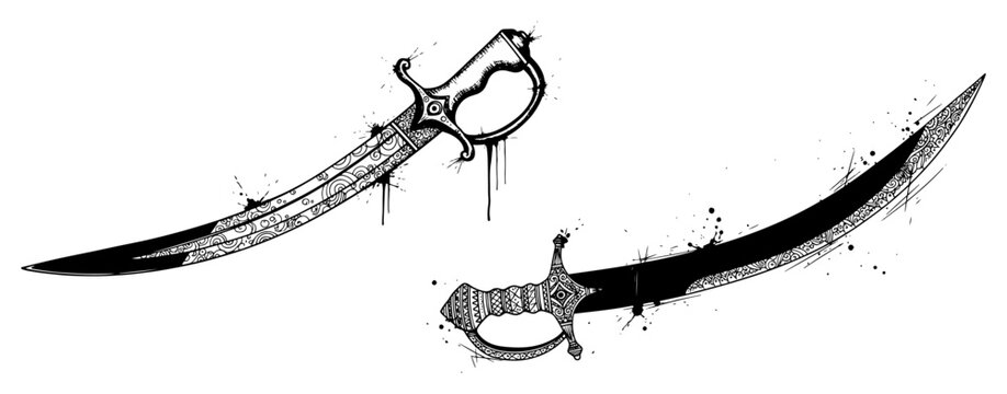 Indian talwar swords with ornate handles and ink splatters in hand drawn sketch style