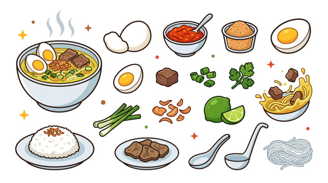 Soto madura indonesian beef soup illustration set with rice and condiments