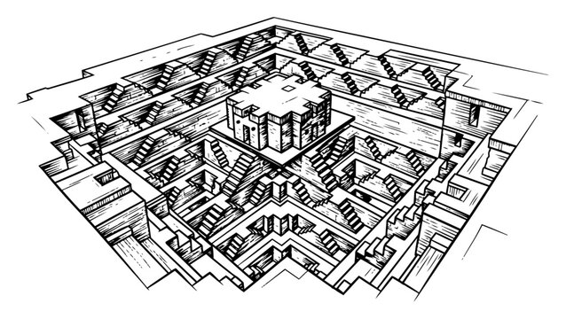 Ancient indian stepwell architectural complex with multiple stairs in hand drawn sketch style