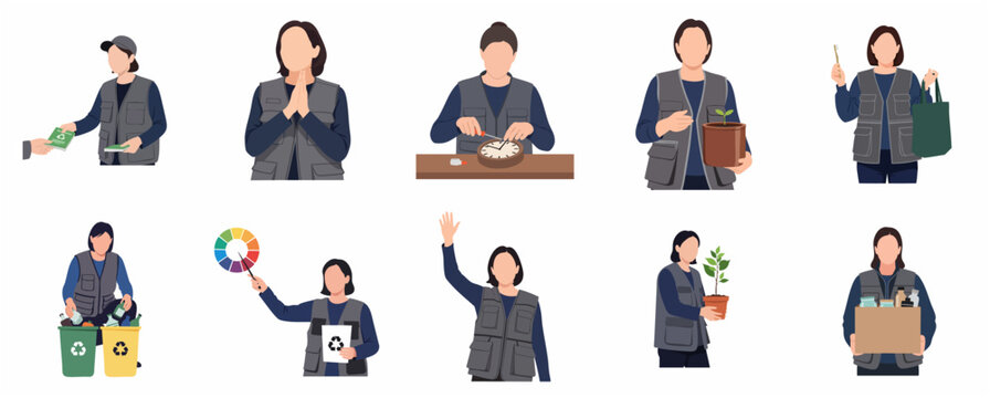 Set of environmental volunteer characters promoting sustainability, recycling, and eco-friendly lifestyle in flat vector illustration