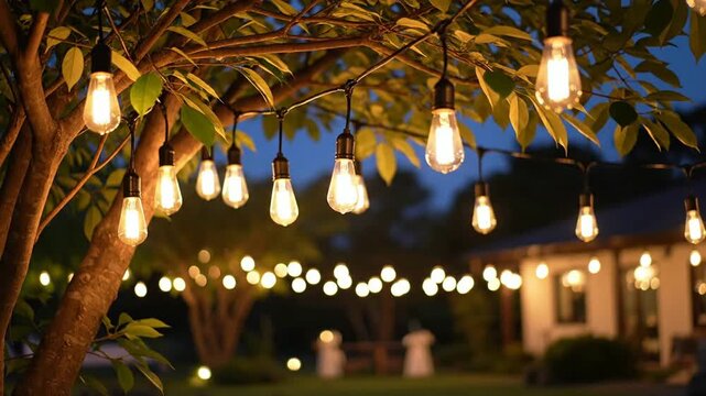 Decorative string lights illuminate outdoor evening setting with soft glow