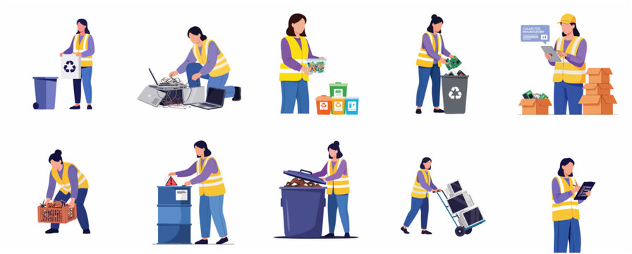E-waste management and recycling worker set sorting electronic scrap, batteries, and old computers for eco-friendly disposal